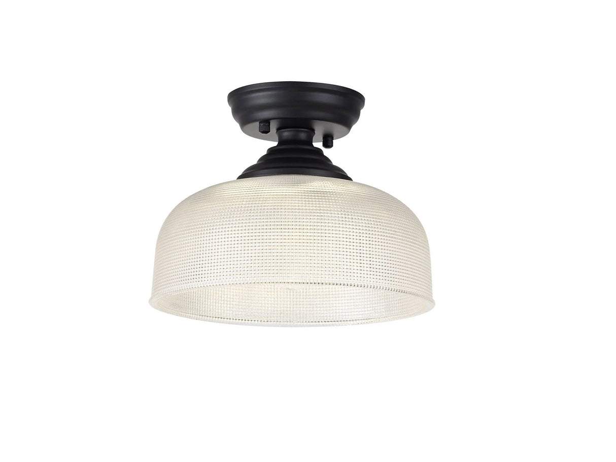Holloway 1 Light Flush Ceiling E27 With Round 26.5cm Prismatic Effect Glass Shade Matt Black/Clear