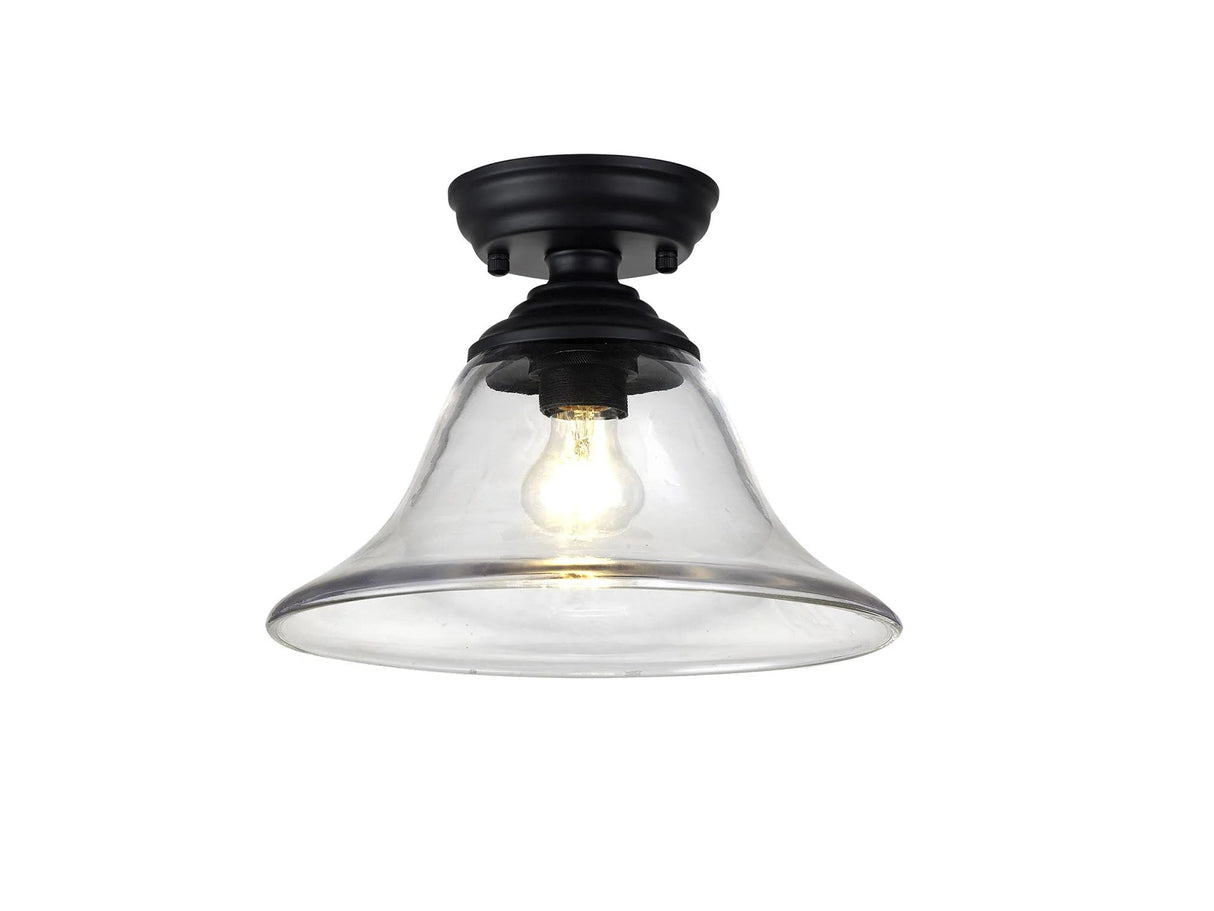 Holloway 1 Light Flush Ceiling E27 With Smooth Bell 30cm Glass Shade Matt Black/Clear