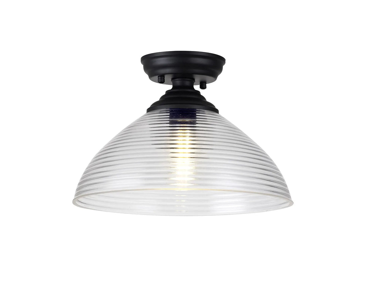Holloway 1 Light Flush Ceiling E27 With Round 33.5cm Prismatic Effect Glass Shade Matt Black/Clear