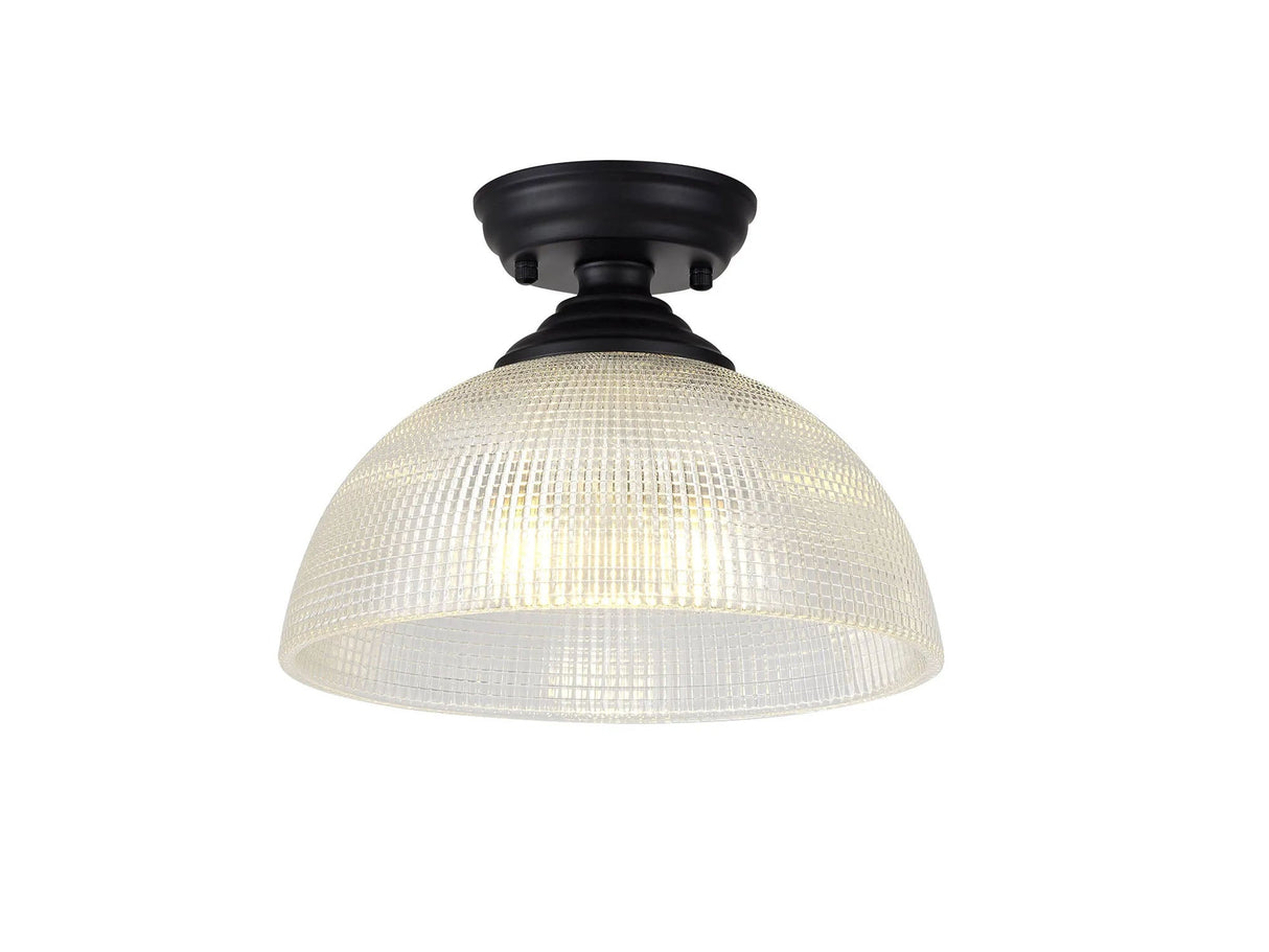 Holloway 1 Light Flush Ceiling E27 With Round 30cm Prismatic Effect Glass Shade Matt Black/Clear