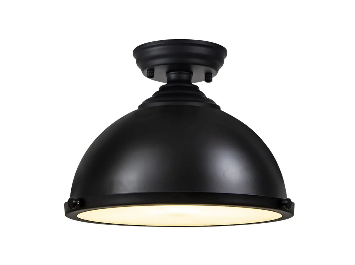 Holloway 1 Light Flush Ceiling E27 With Round 31cm Metal Shade Matt Black/Frosted White