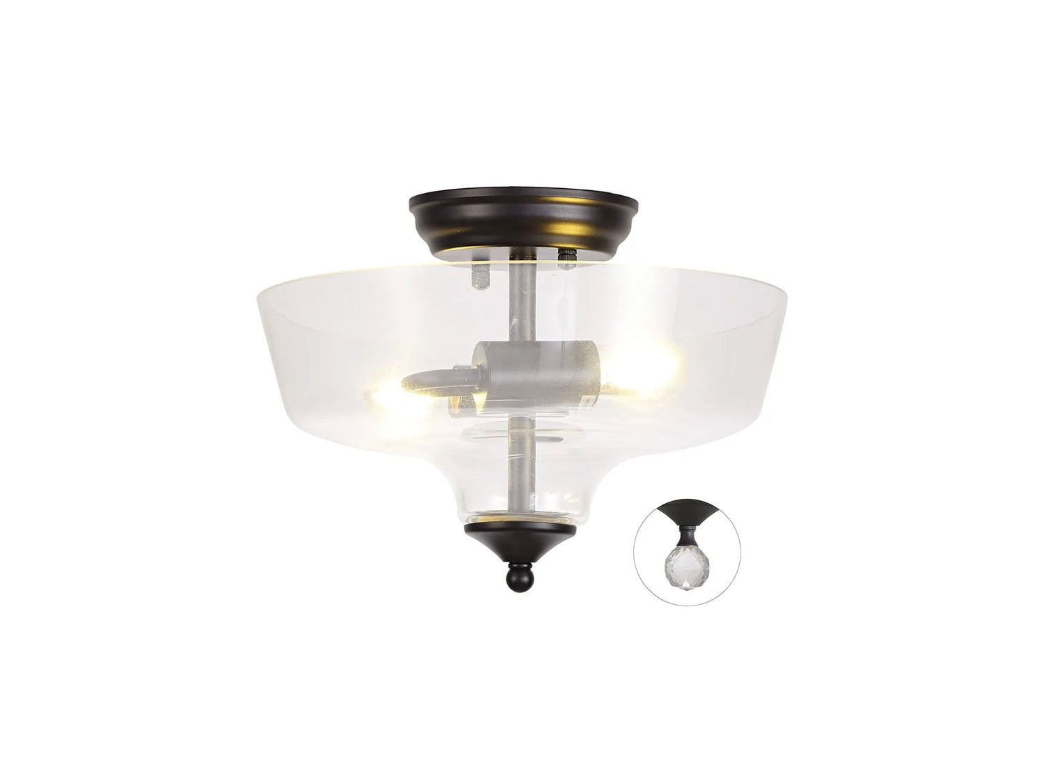 Holloway 2 Light Semi Flush Ceiling E27 With Flat Round 30cm Glass Shade Matt Black/Clear