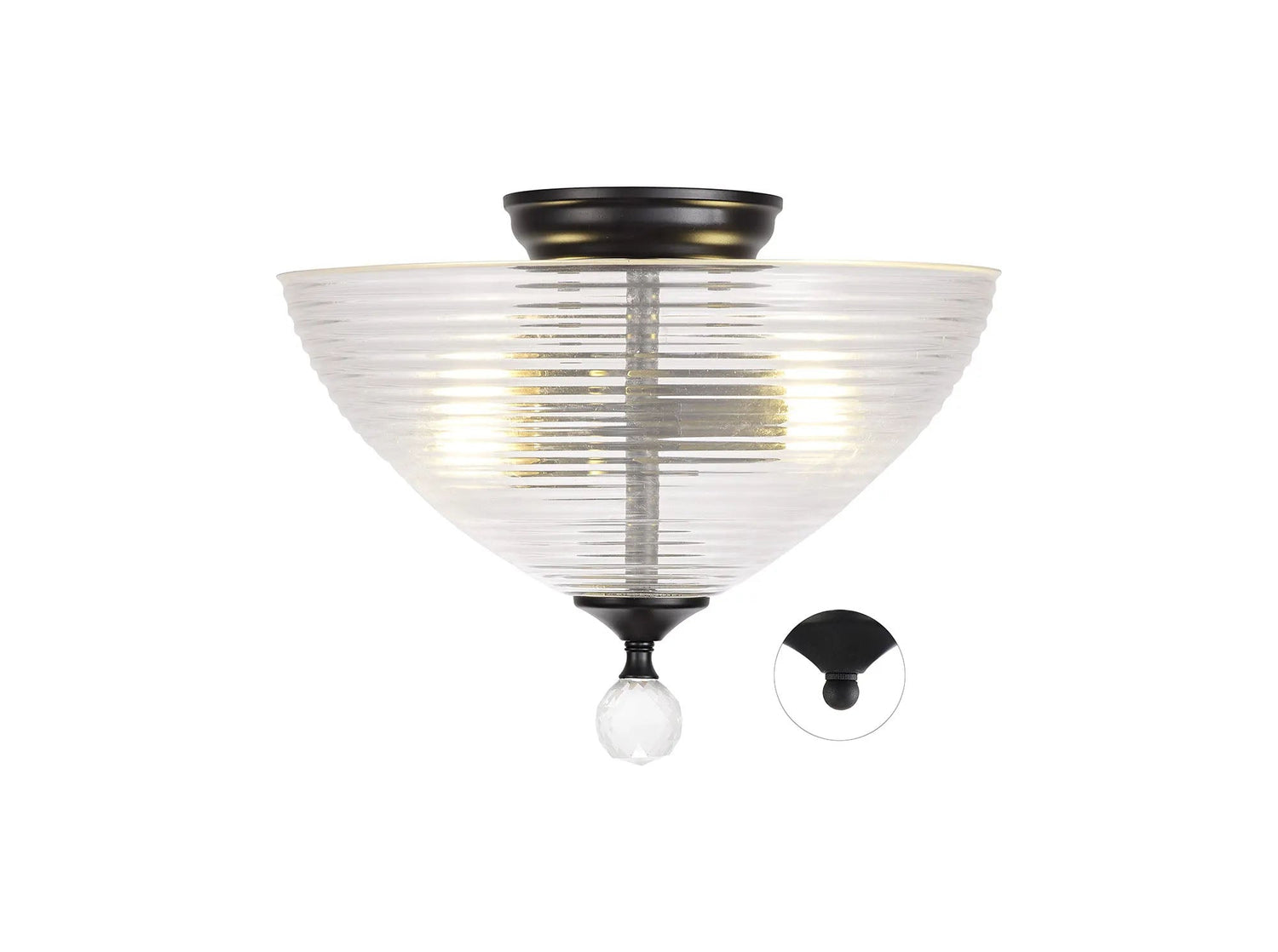 Holloway 2 Light Semi Flush Ceiling E27 With Round 33.5cm Prismatic Effect Glass Shade Matt Black/Clear