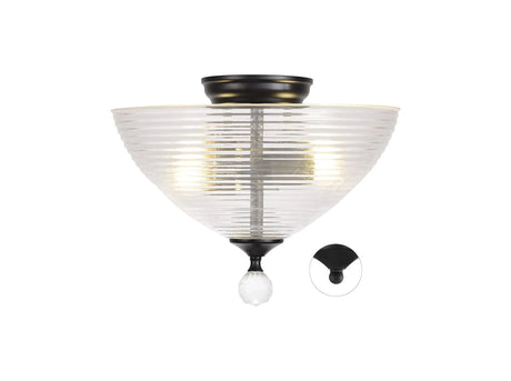 Holloway 2 Light Semi Flush Ceiling E27 With Round 33.5cm Prismatic Effect Glass Shade Matt Black/Clear