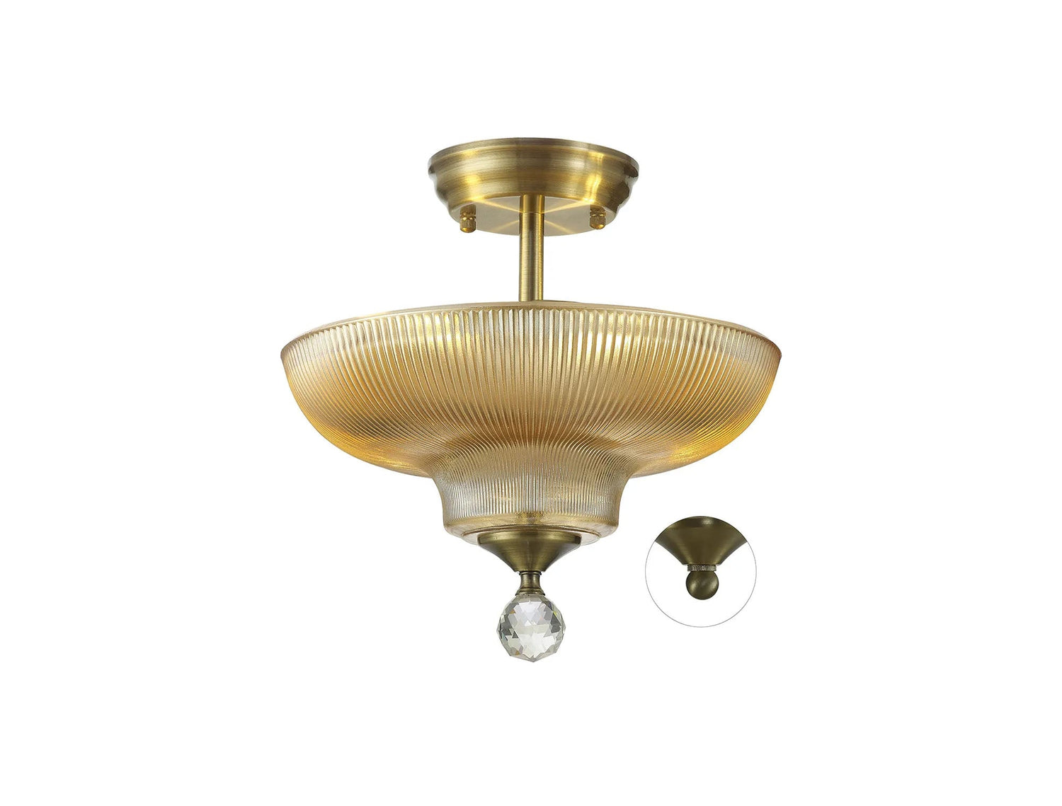 Holloway 2 Light Semi Flush Ceiling E27 With Round 30cm Glass Shade Antique Brass/Amber