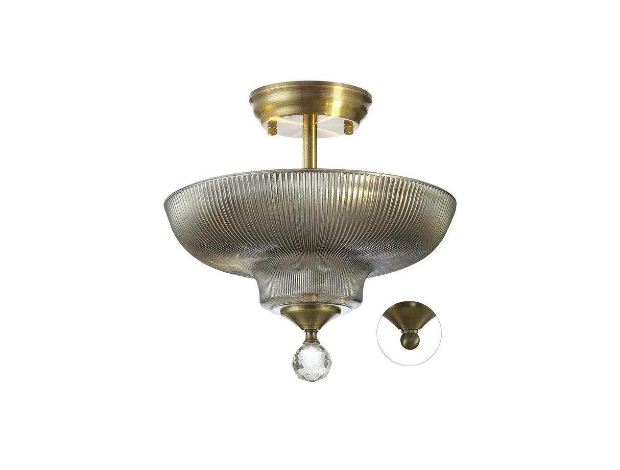Holloway 2 Light Semi Flush Ceiling E27 With Round 30cm Glass Shade Antique Brass/Smoked