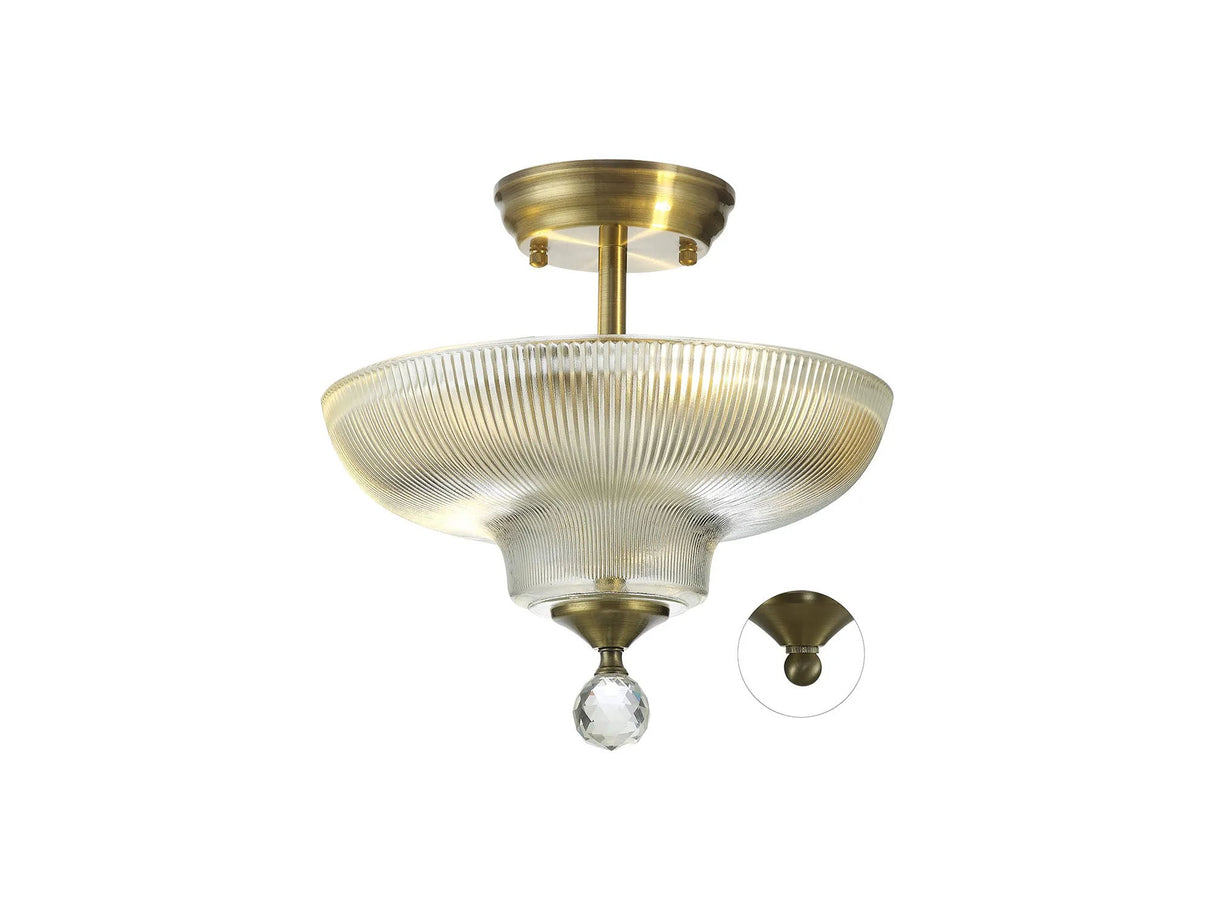 Holloway 2 Light Semi Flush Ceiling E27 With Round 30cm Glass Shade Antique Brass/Clear