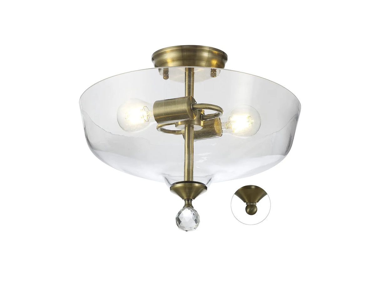 Holloway 2 Light Semi Flush Ceiling E27 With Flat Round 38cm Glass Shade Antique Brass/Clear