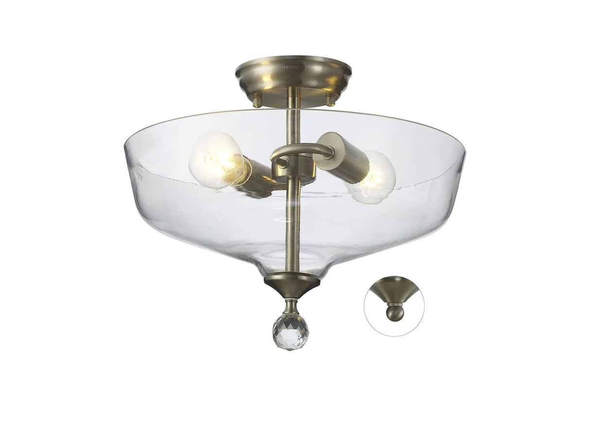 Holloway 2 Light Semi Flush Ceiling E27 With Flat Round 38cm Glass Shade Satin Nickel/Clear