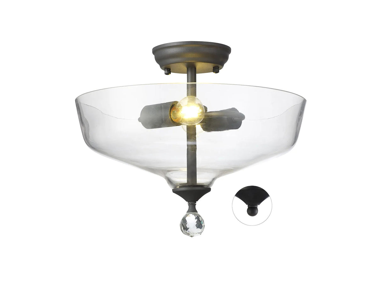 Holloway 2 Light Semi Flush Ceiling E27 With Flat Round 38cm Glass Shade Graphite/Clear