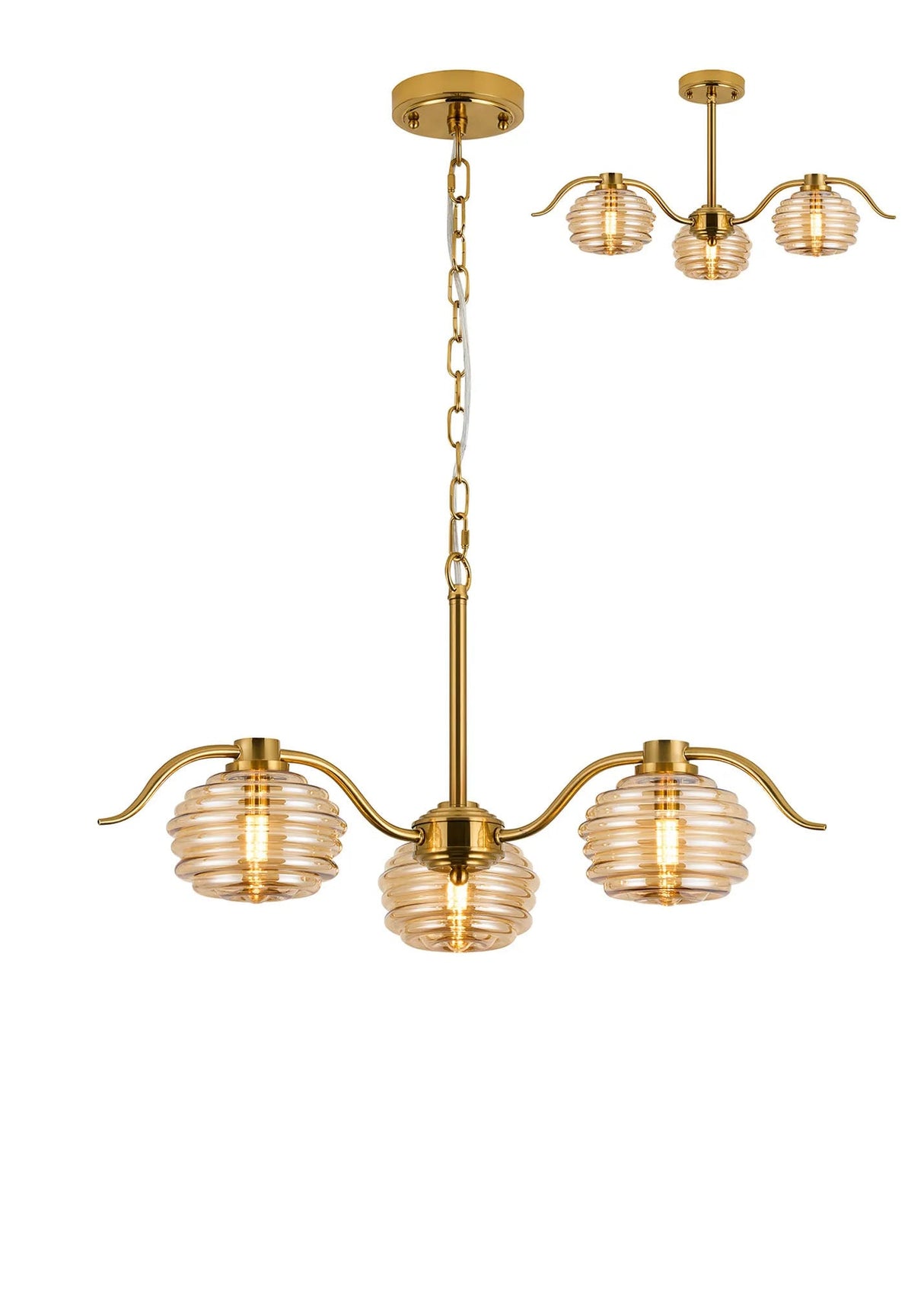 Hunt 3 Light Multi Arm Pendant/Semi Flush With 160mm Glass, Brass/Amber