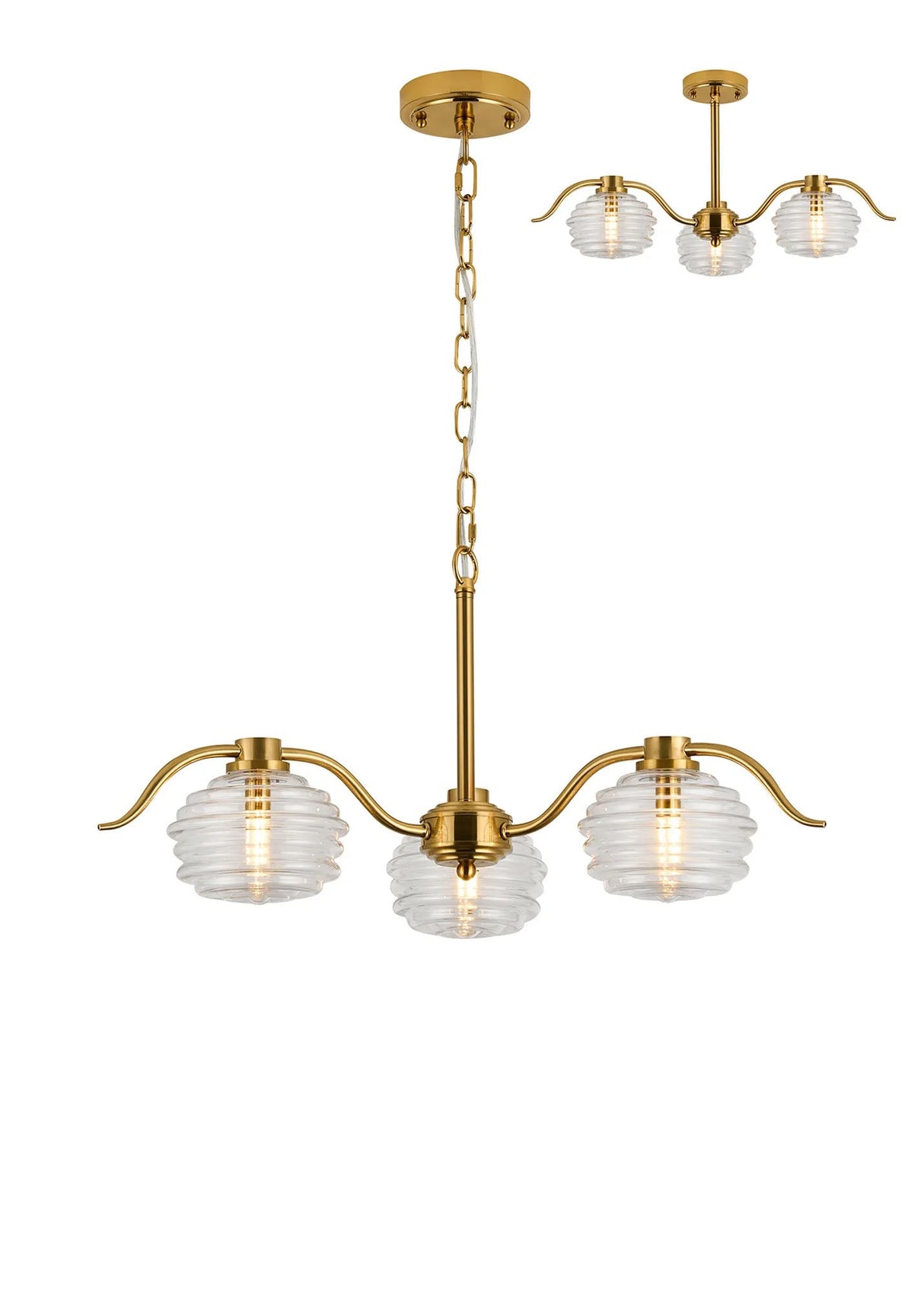 Hunt 3 Light Multi Arm Pendant/Semi Flush With 160mm Glass, Brass/Clear