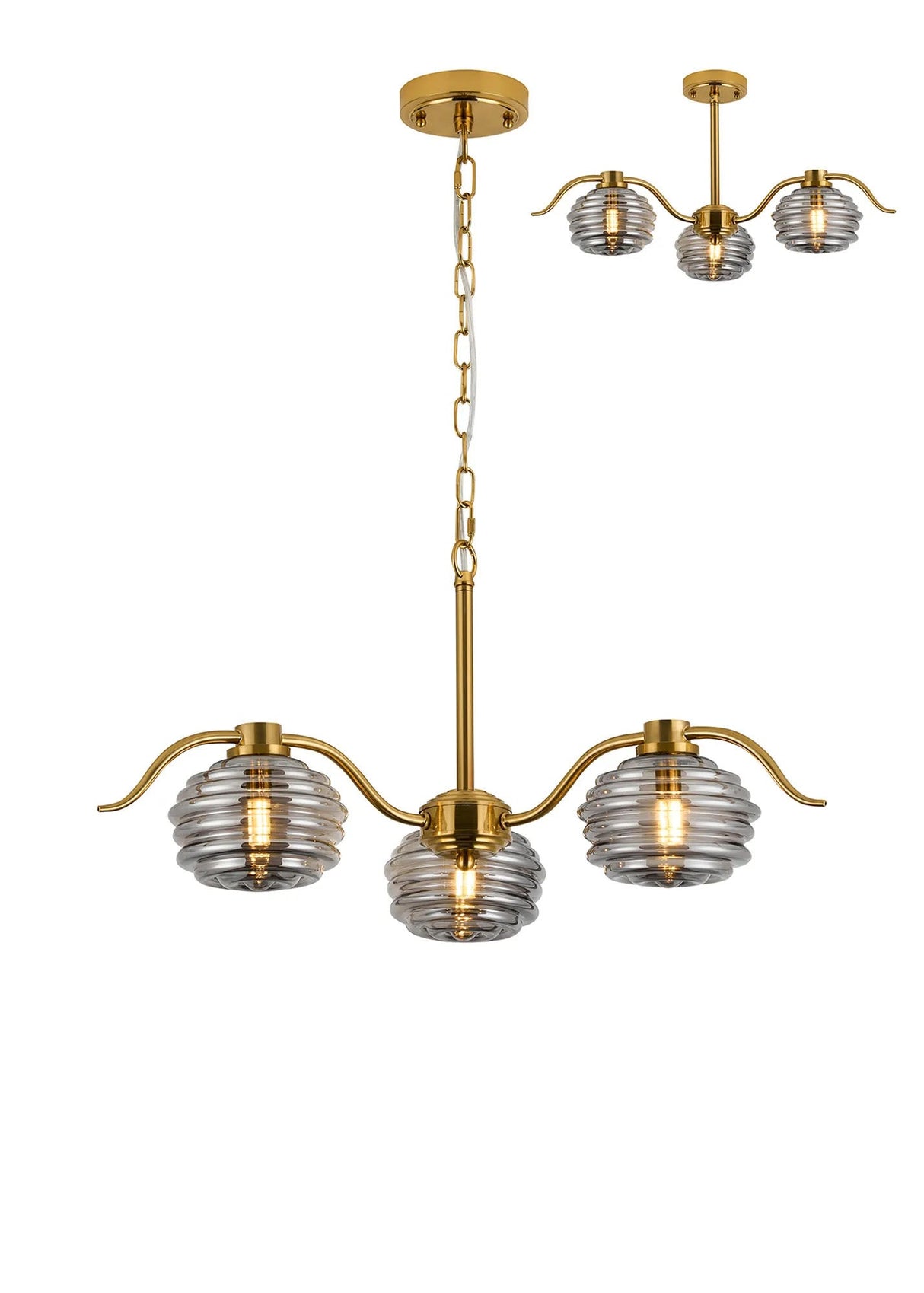 Hunt 3 Light Multi Arm Pendant/Semi Flush With 160mm Glass, Brass/Smoke