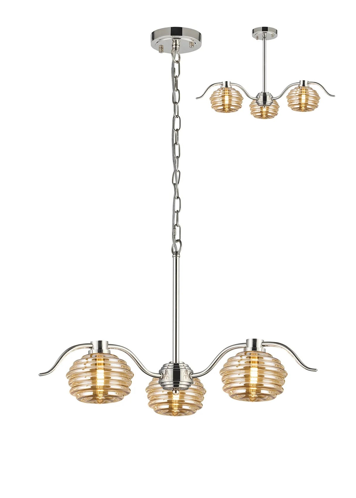 Hunt 3 Light Multi Arm Pendant/Semi Flush With 160mm Glass, Polished Nickel/Amber