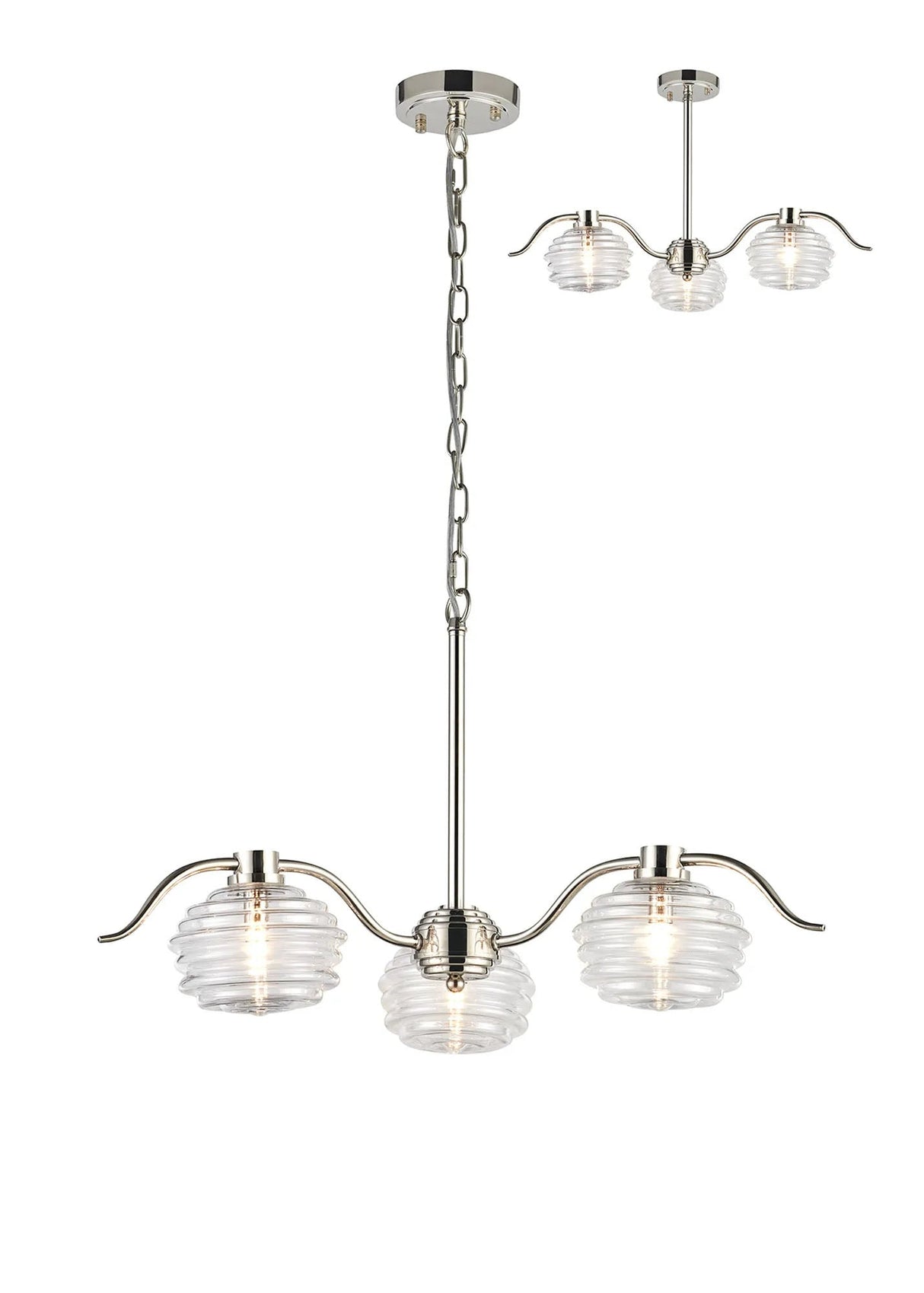 Hunt 3 Light Multi Arm Pendant/Semi Flush With 160mm Glass, Polished Nickel/Clear