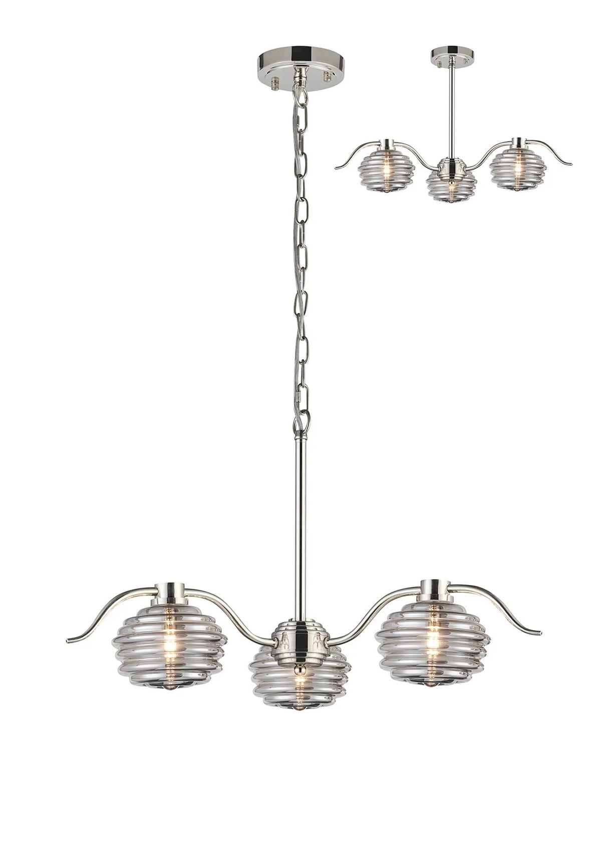 Hunt 3 Light Multi Arm Pendant/Semi Flush With 160mm Glass, Polished Nickel/Smoke