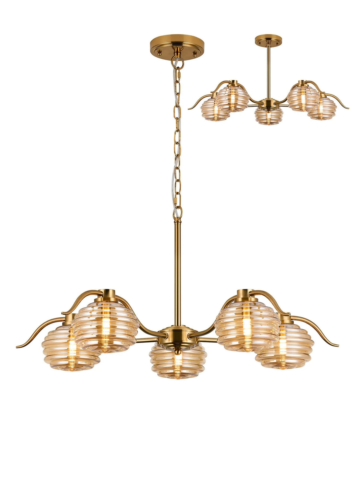 Hunt 5 Light Multi Arm Pendant/Semi Flush With 160mm Glass, Brass/Amber