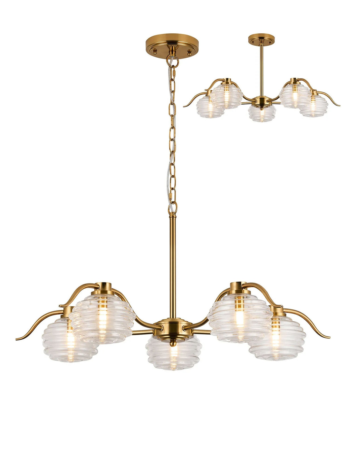 Hunt 5 Light Multi Arm Pendant/Semi Flush With 160mm Glass, Brass/Clear
