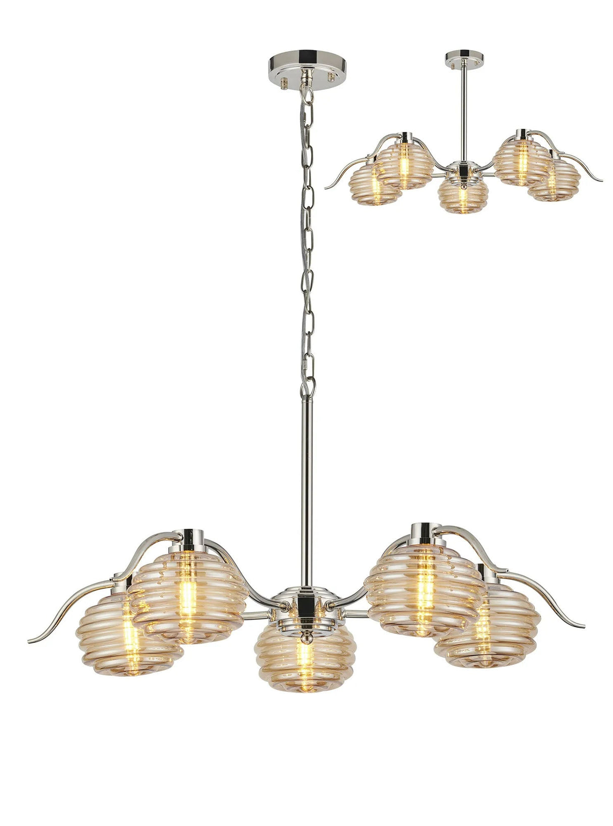 Hunt 5 Light Multi Arm Pendant/Semi Flush With 160mm Glass, Polished Nickel/Amber