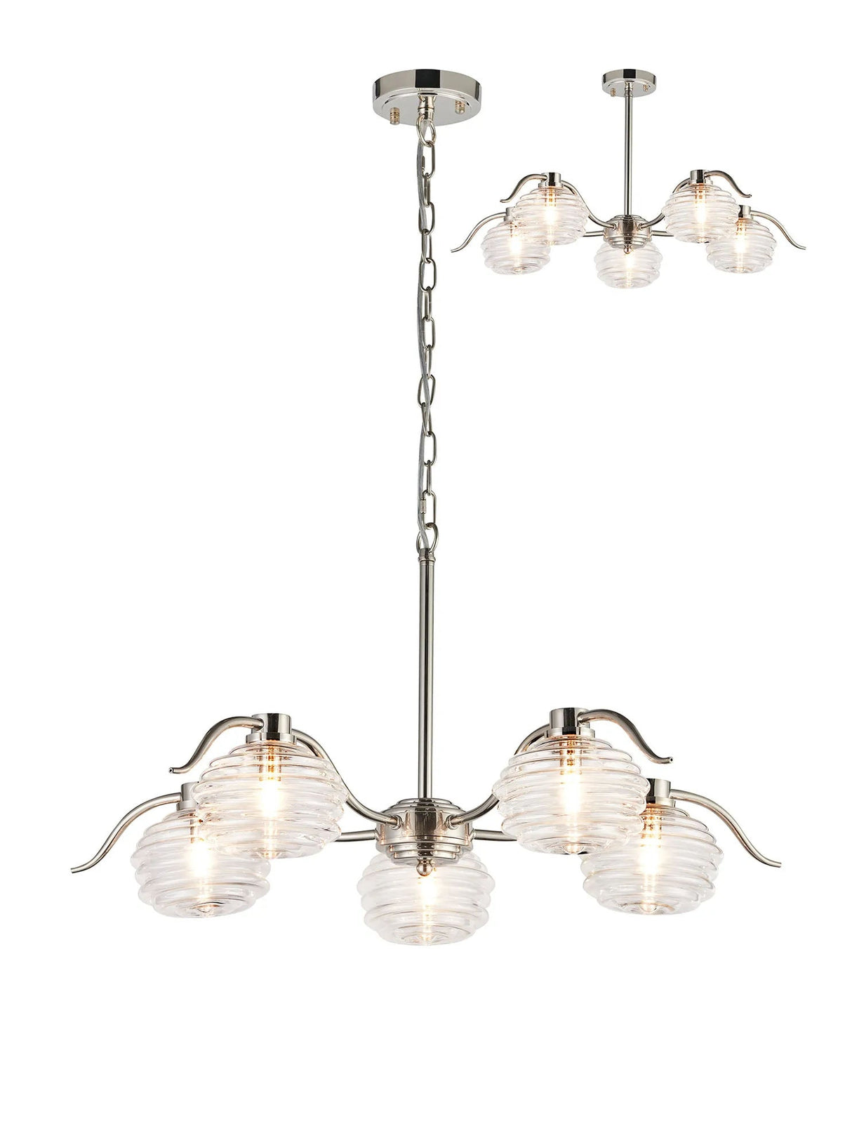 Hunt 5 Light Multi Arm Pendant/Semi Flush With 160mm Glass, Polished Nickel/Clear