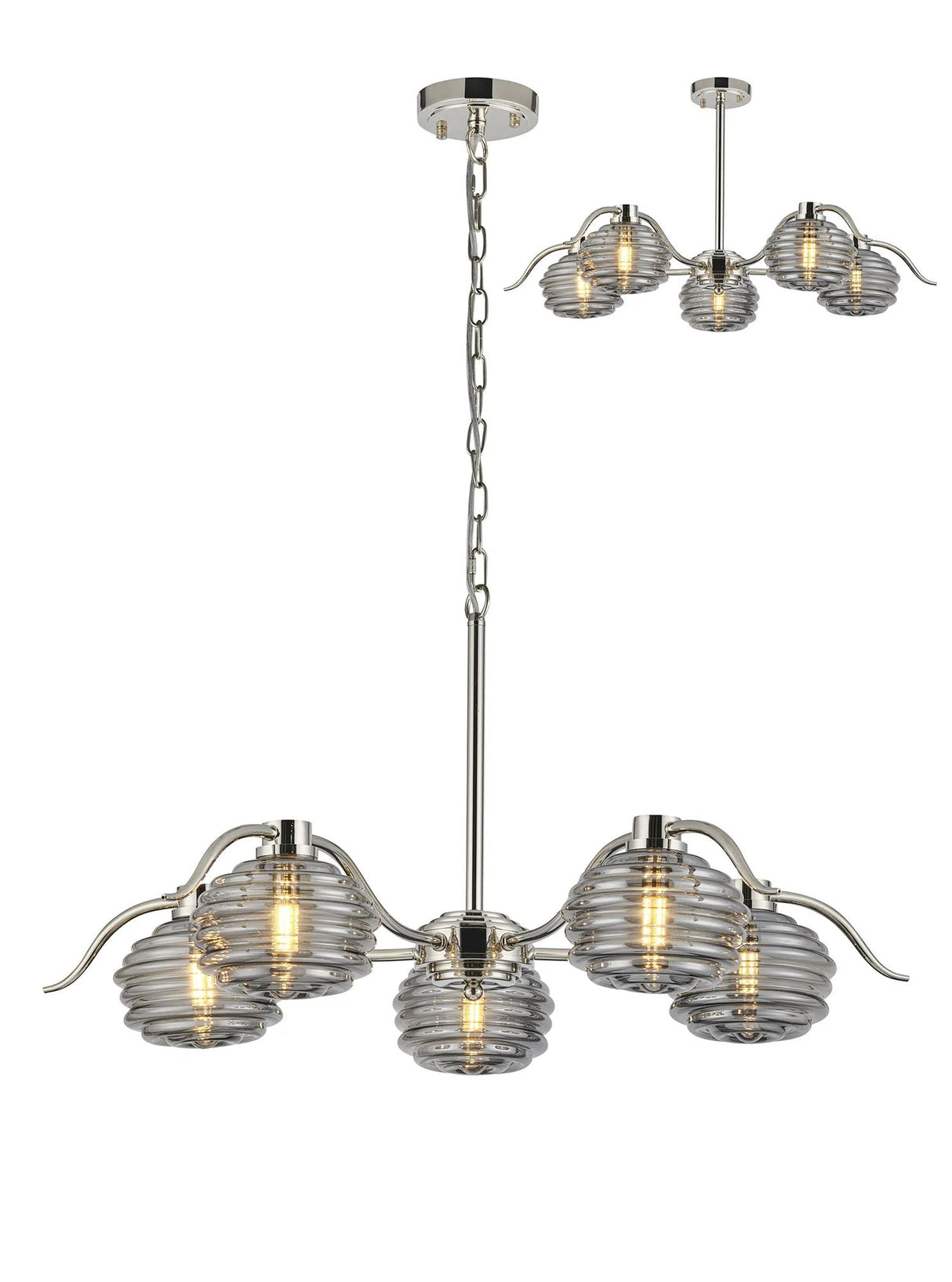 Hunt 5 Light Multi Arm Pendant/Semi Flush With 160mm Glass, Polished Nickel/Smoke