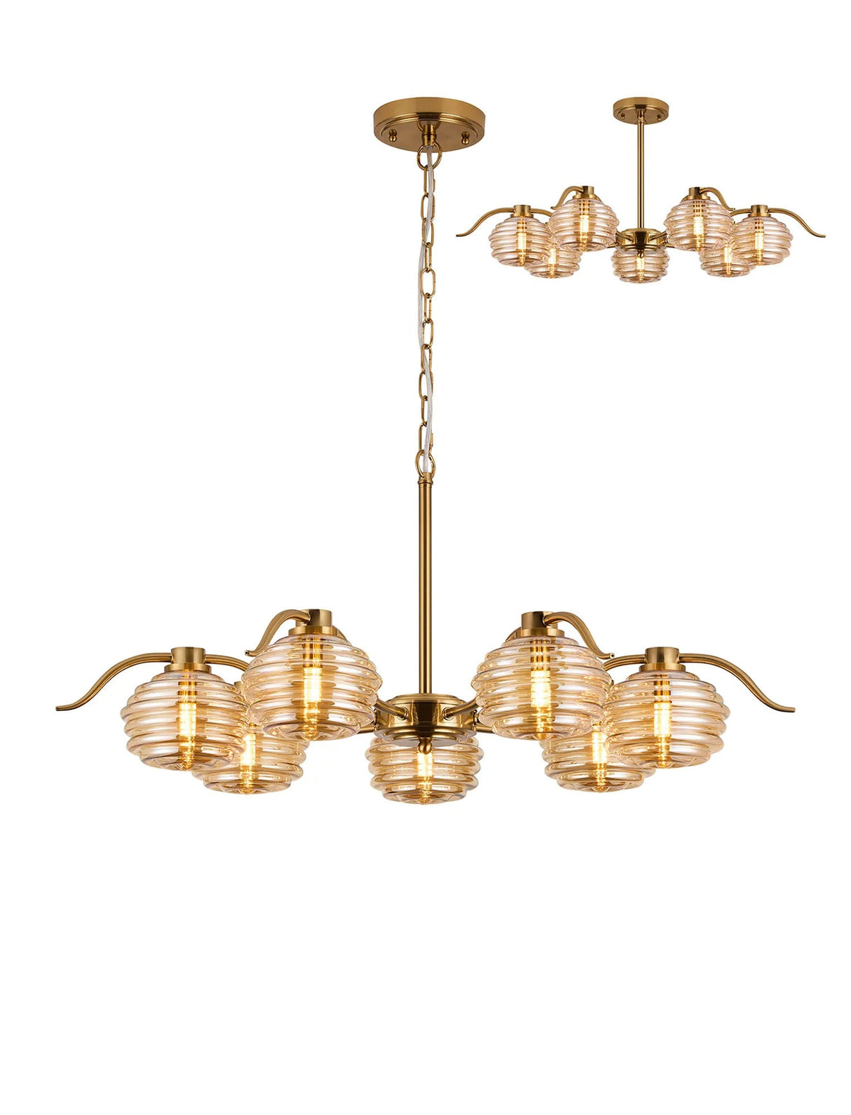 Hunt 7 Light Multi Arm Pendant/Semi Flush With 160mm Glass, Brass/Amber