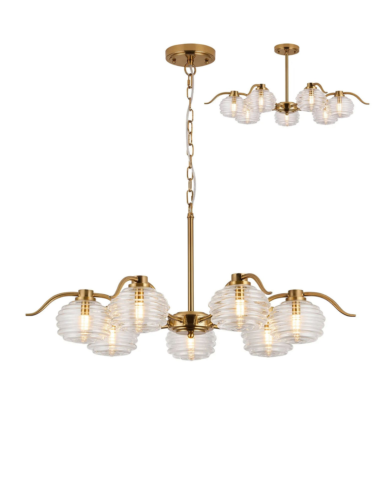Hunt 7 Light Multi Arm Pendant/Semi Flush With 160mm Glass, Brass/Clear