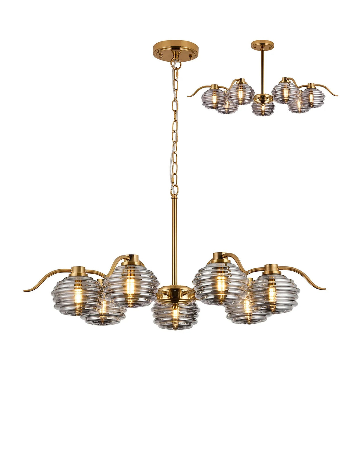 Hunt 7 Light Multi Arm Pendant/Semi Flush With 160mm Glass, Brass/Smoke