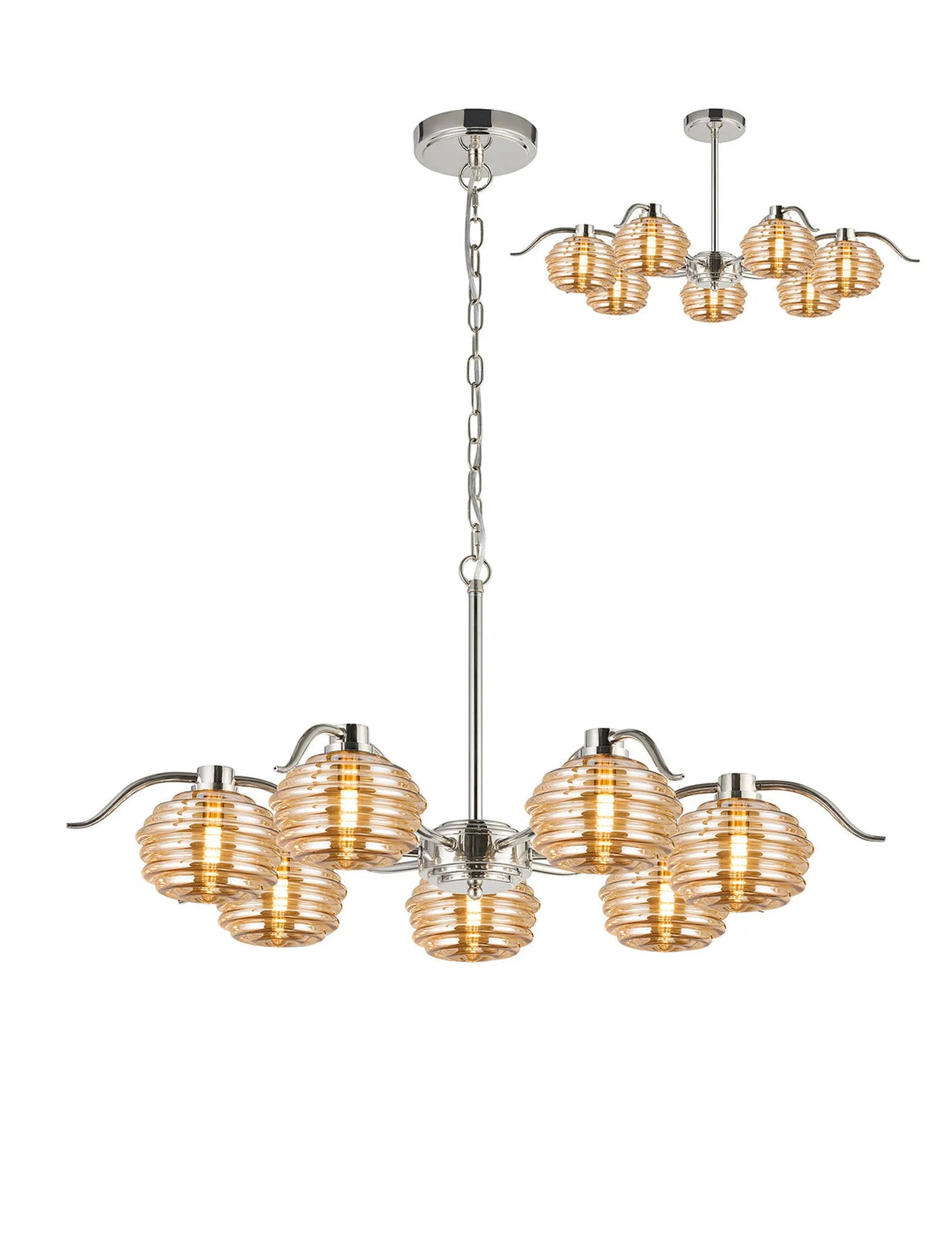 Hunt 7 Light Multi Arm Pendant/Semi Flush With 160mm Glass, Polished Nickel/Amber