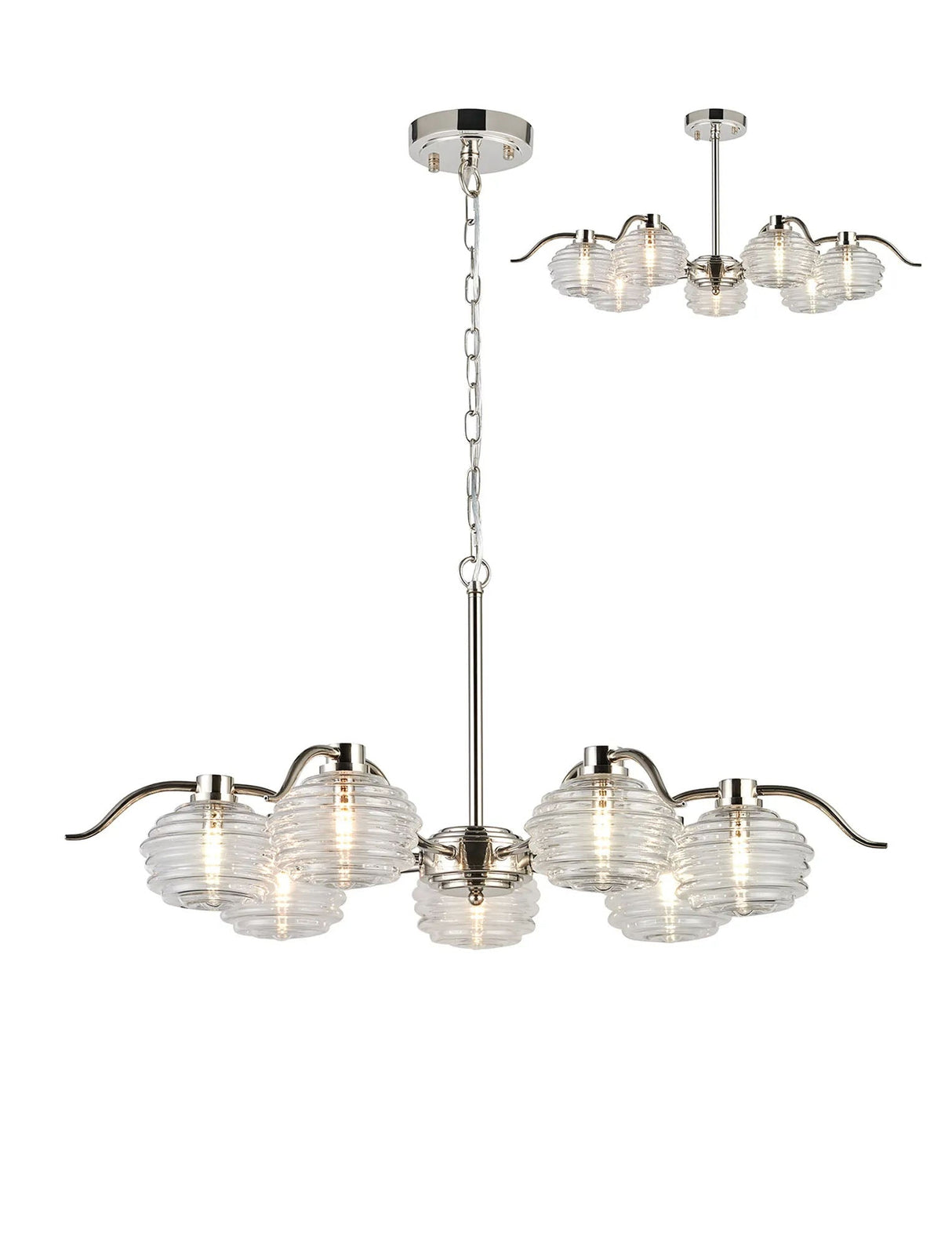 Hunt 7 Light Multi Arm Pendant/Semi Flush With 160mm Glass, Polished Nickel/Clear