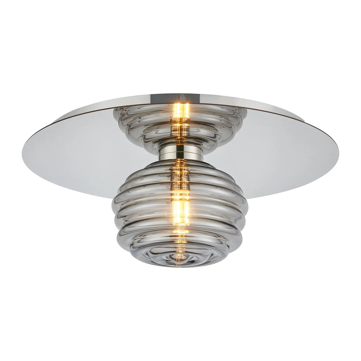 Hunt Round 1 Light Flush/Wall Light With 180mm Glass, Polished Nickel/Smoke