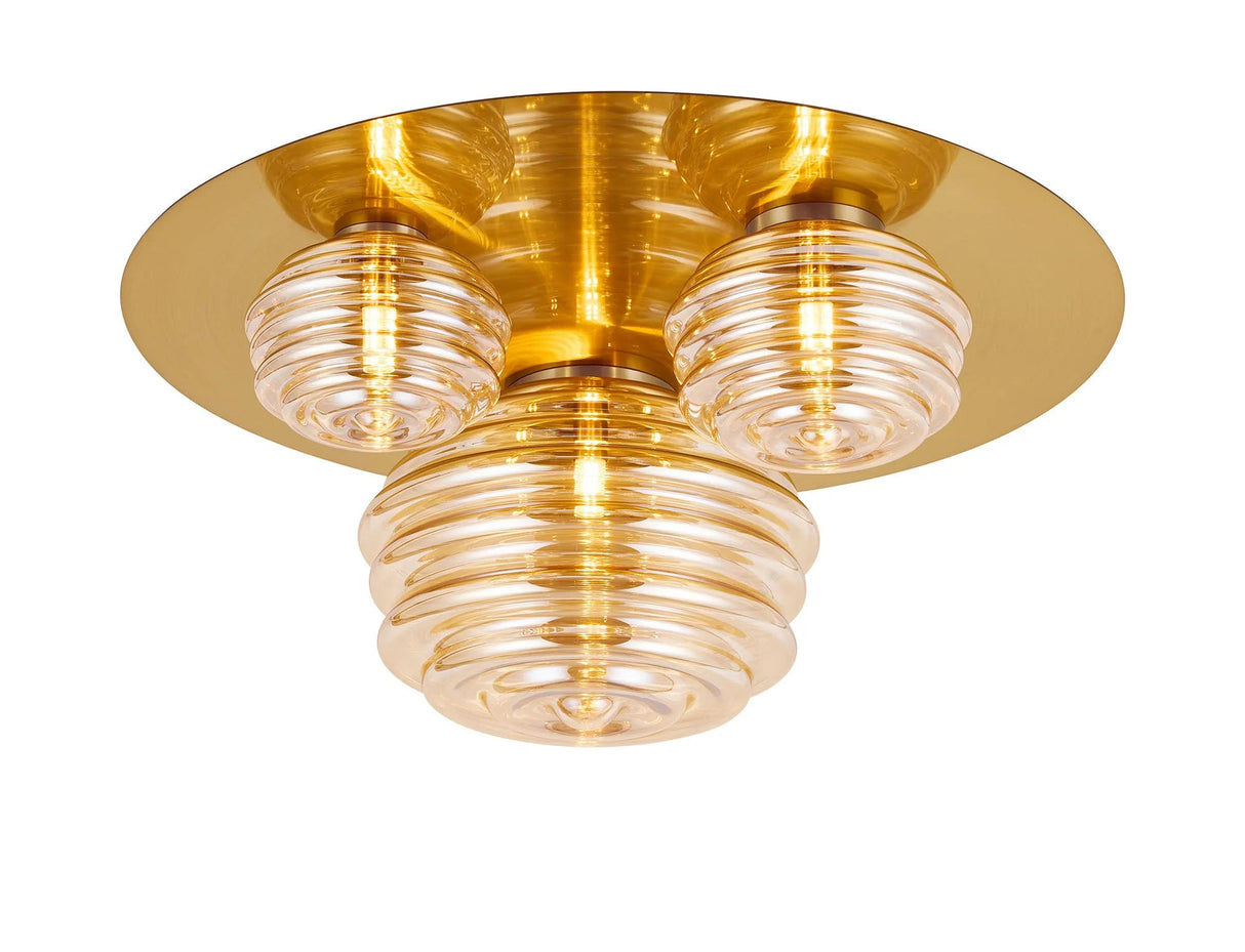Hunt Round 3 Light Flush With 160mm, 180mm & 280mm Glass, Brass/Amber