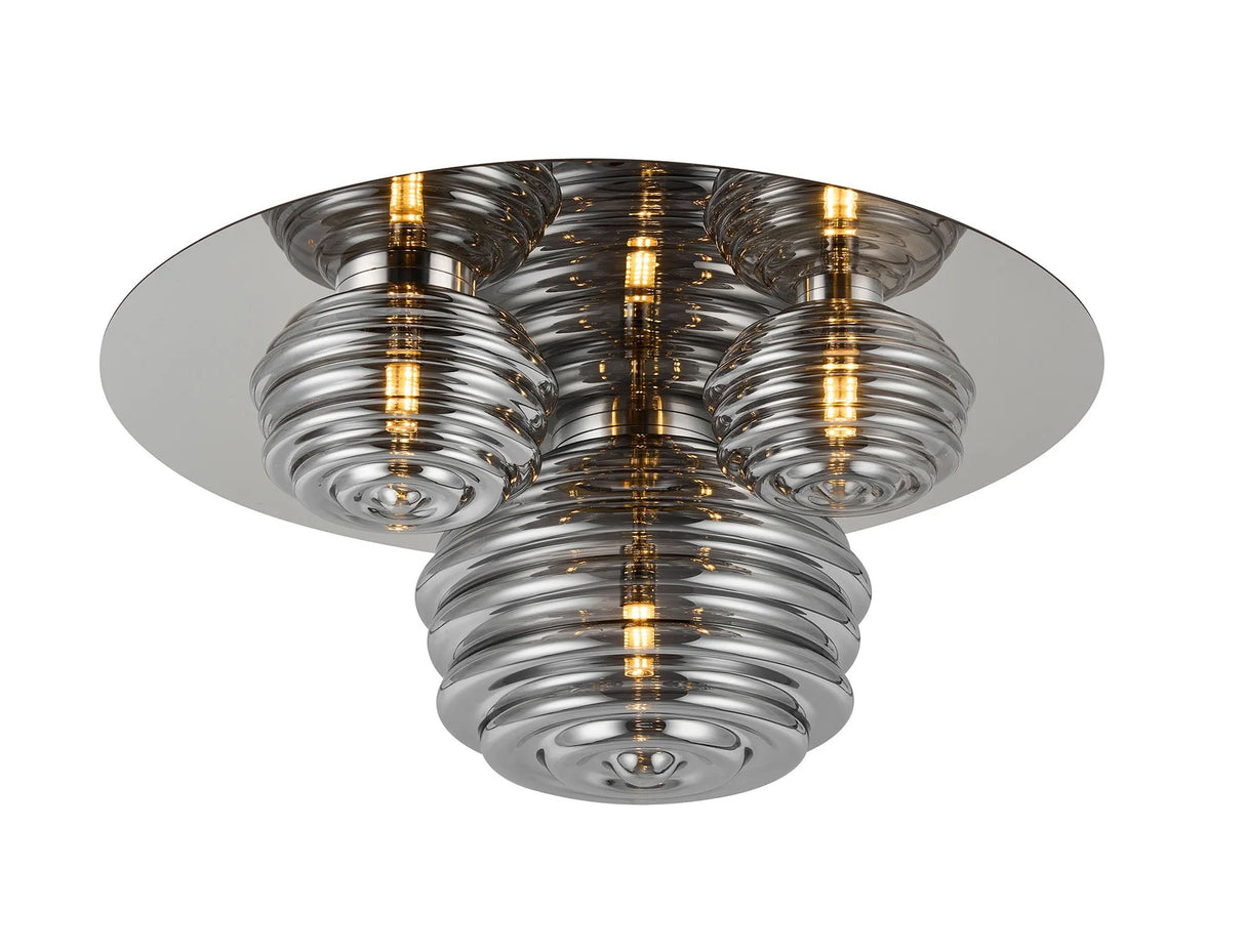 Hunt Round 3 Light Flush With 160mm, 180mm & 280mm Glass, Polished Nickel/Smoke