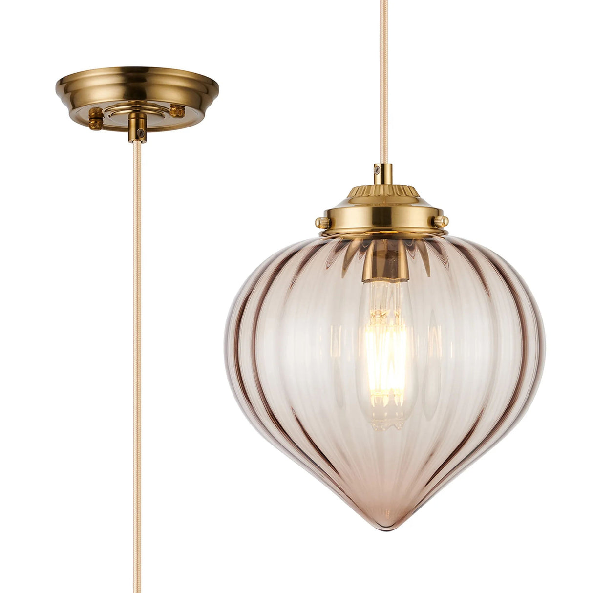 Hyme Single Pendant With Flower Bud Shade 1 x E27, Brass/Pale Gold Braided Cable/Cognac