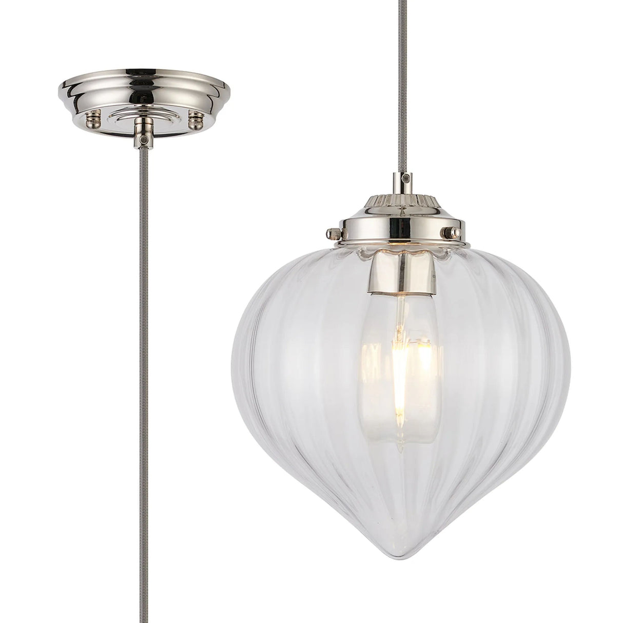 Hyme Single Pendant With Flower Bud Shade 1 x E27, Polished Nickel/Grey Braided Cable/Clear