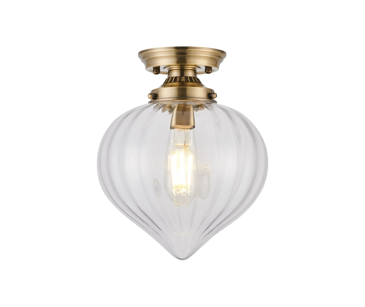 Hyme Flush Ceiling Light With Flower Bud Shade 1 x E27, Antique Brass/Clear