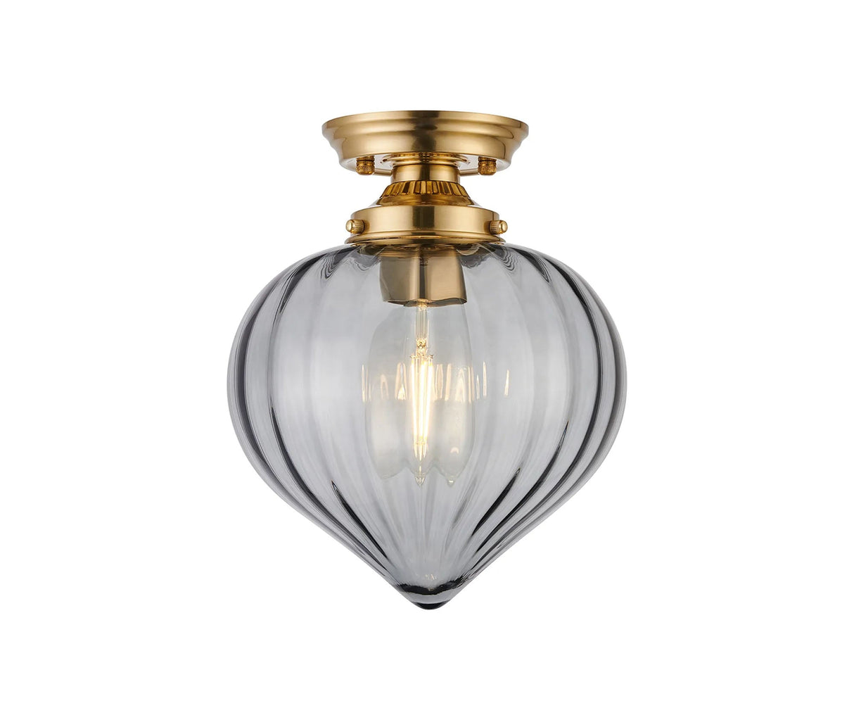 Hyme Flush Ceiling Light With Flower Bud Shade 1 x E27, Brass/Smoke