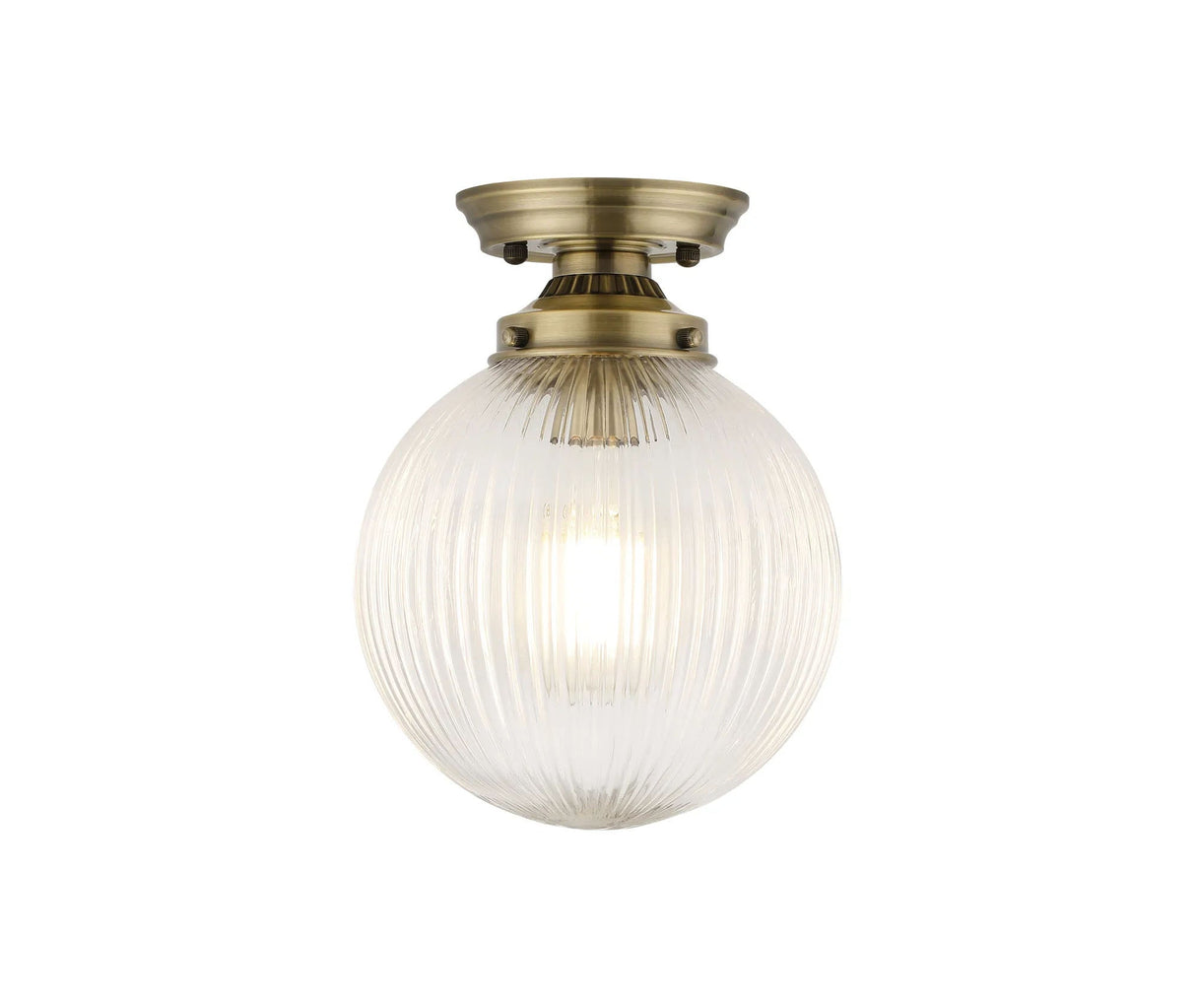 Hyme Flush Ceiling Light With 20cm Acorn Ribbed Glass, 1 x E27, Antique Brass/Clear