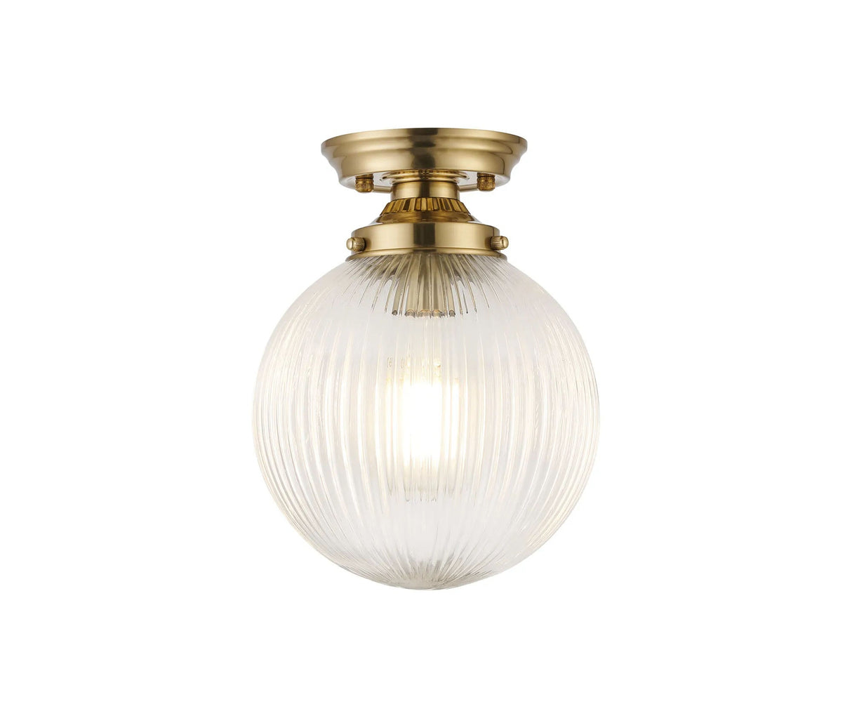 Hyme Flush Ceiling Light With 20cm Acorn Ribbed Glass, 1 x E27, Brass/Clear