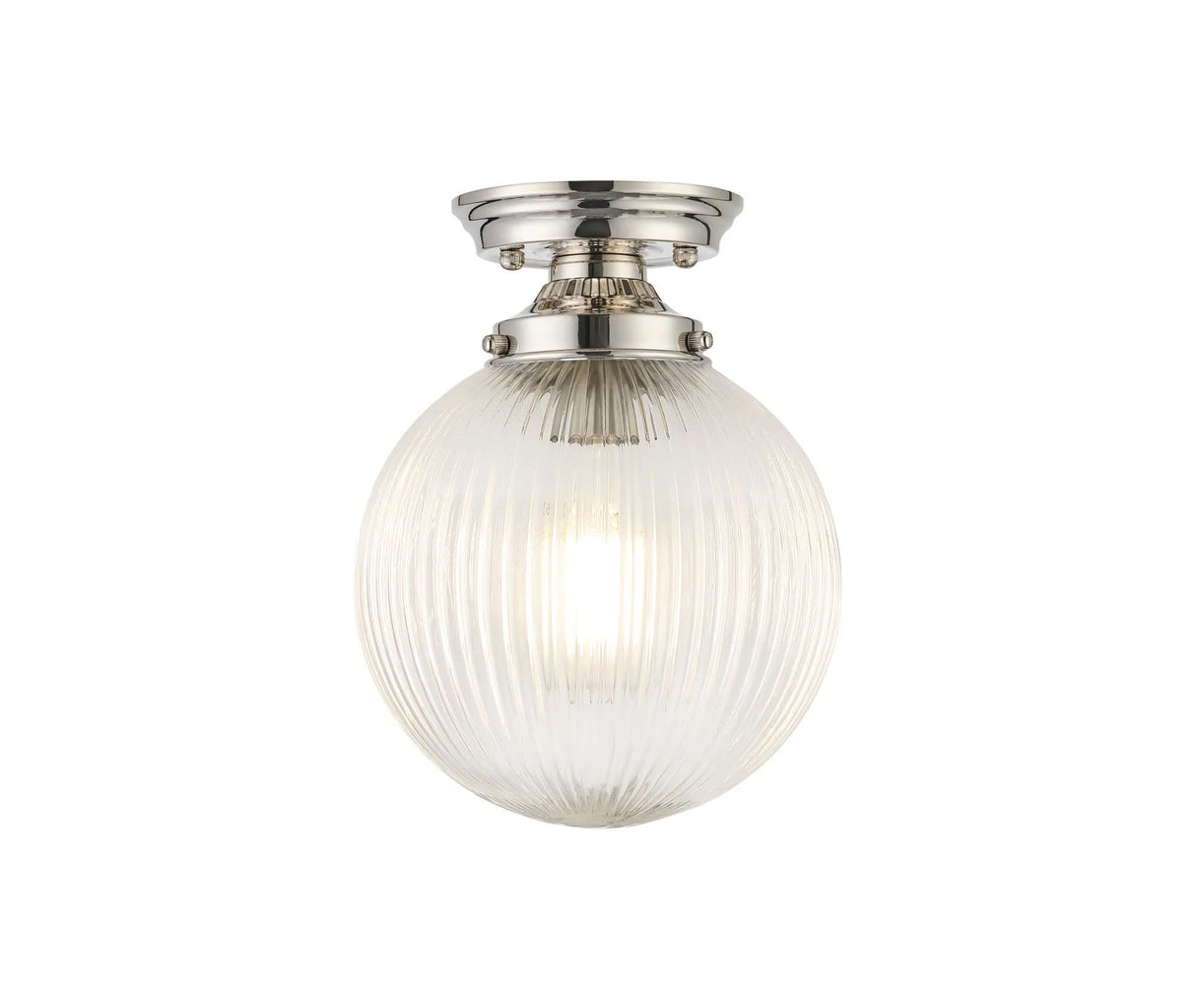 Hyme Flush Ceiling Light With 20cm Acorn Ribbed Glass, 1 x E27, Polished Nickel/Clear