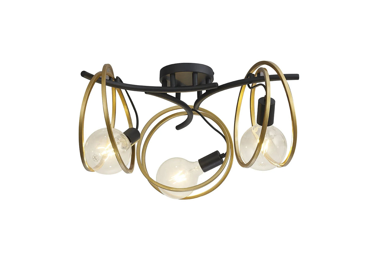 Kay Double Ring Ceiling Flush, 3 x E27, Matt Black/Painted Gold, G95/120 Lamp Recommended