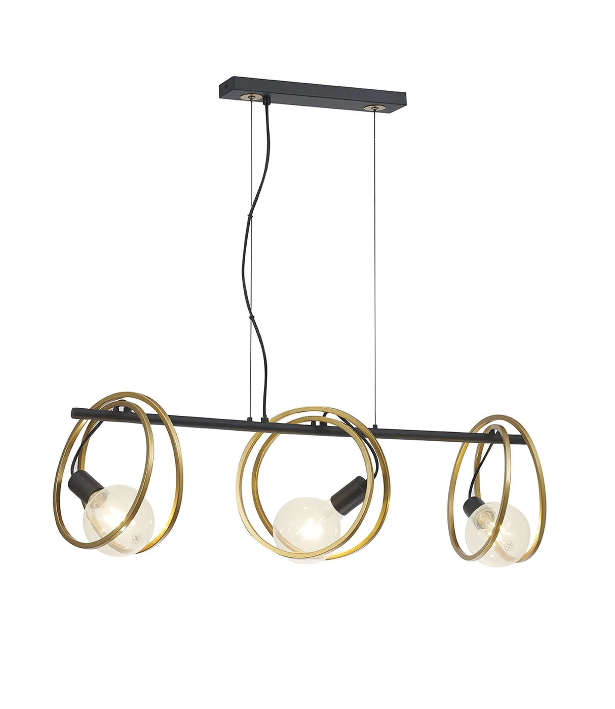 Kay Double Ring Linear Pendant, 3 x E27, Matt Black/Painted Gold, G95/120 Lamp Recommended