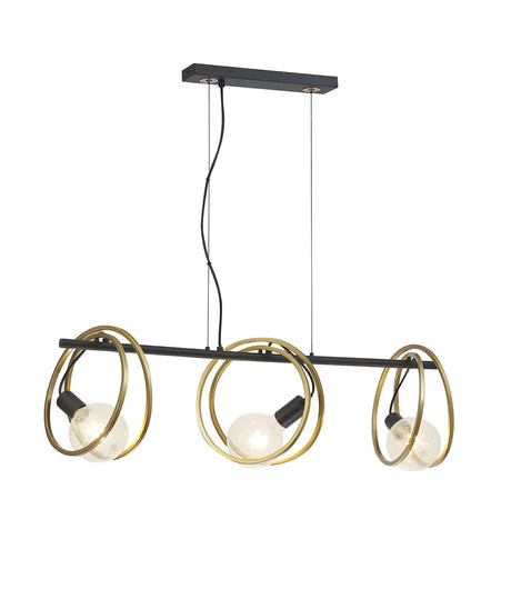 Kay Double Ring Linear Pendant, 3 x E27, Matt Black/Painted Gold, G95/120 Lamp Recommended