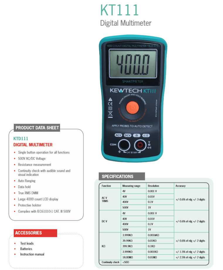 Kewtech KT111 500V TRMS Digital Multimeter