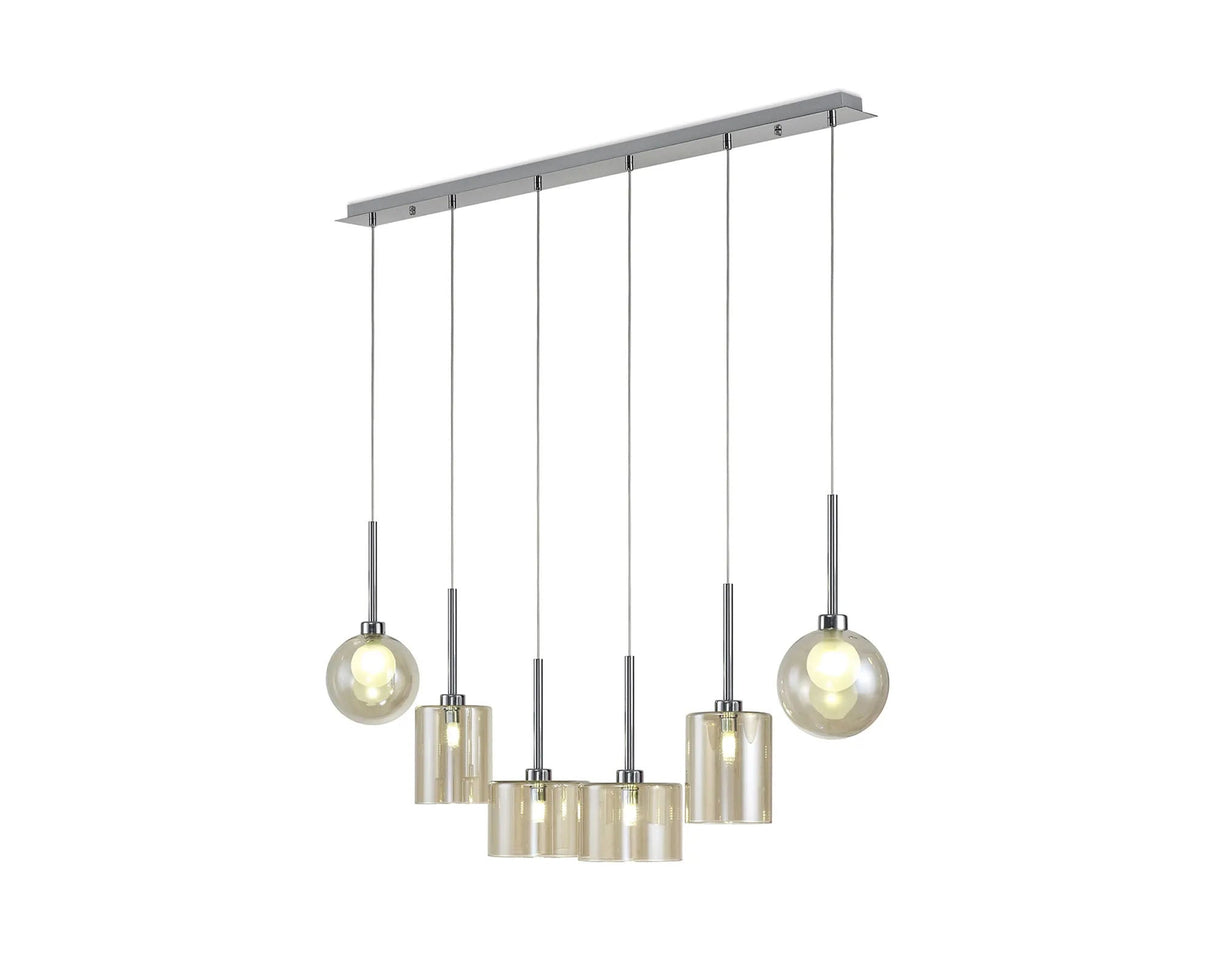 Lathen Linear Pendant 2m, 6 x G9, Polished Chrome/Cognac/Frosted Type B,C,G Shade