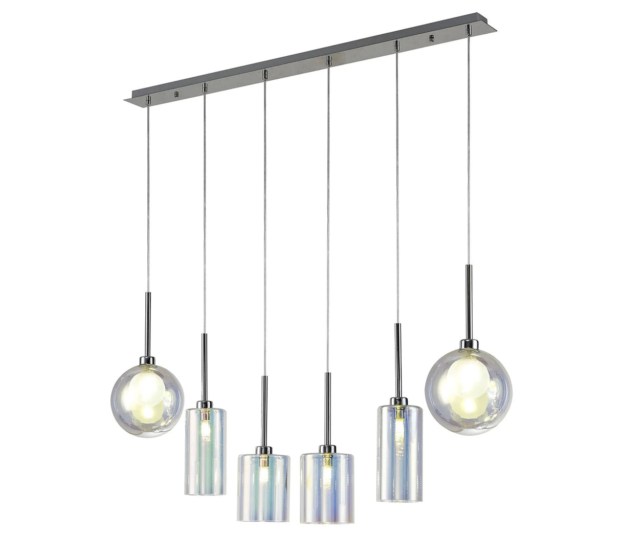 Lathen Linear Pendant 2m, 6 x G9, Polished Chrome/Iridescent/Frosted Type A,B,G Shade