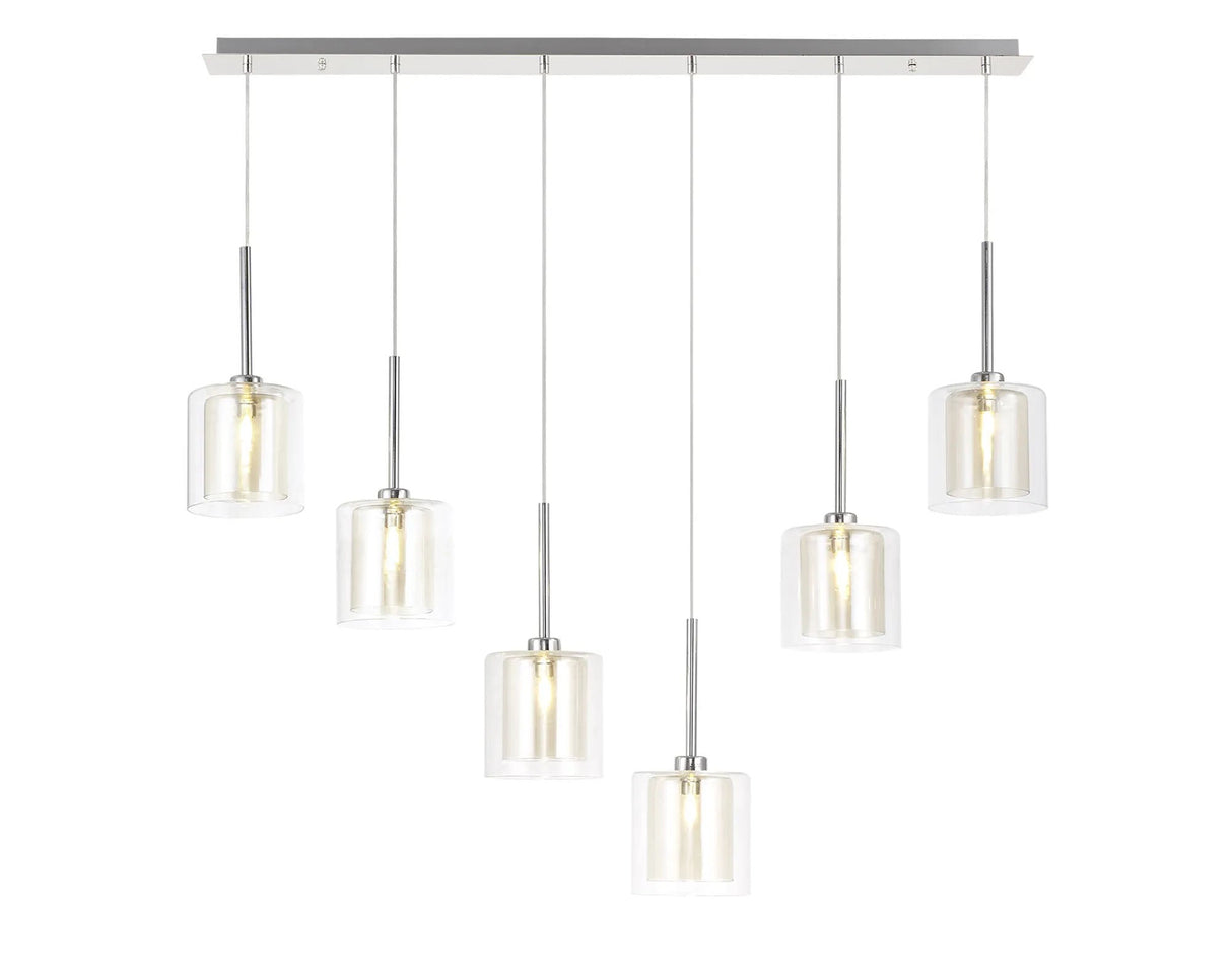 Lathen Linear Pendant 2m, 6 x G9, Polished Chrome/Cognac/Clear Type H Shade