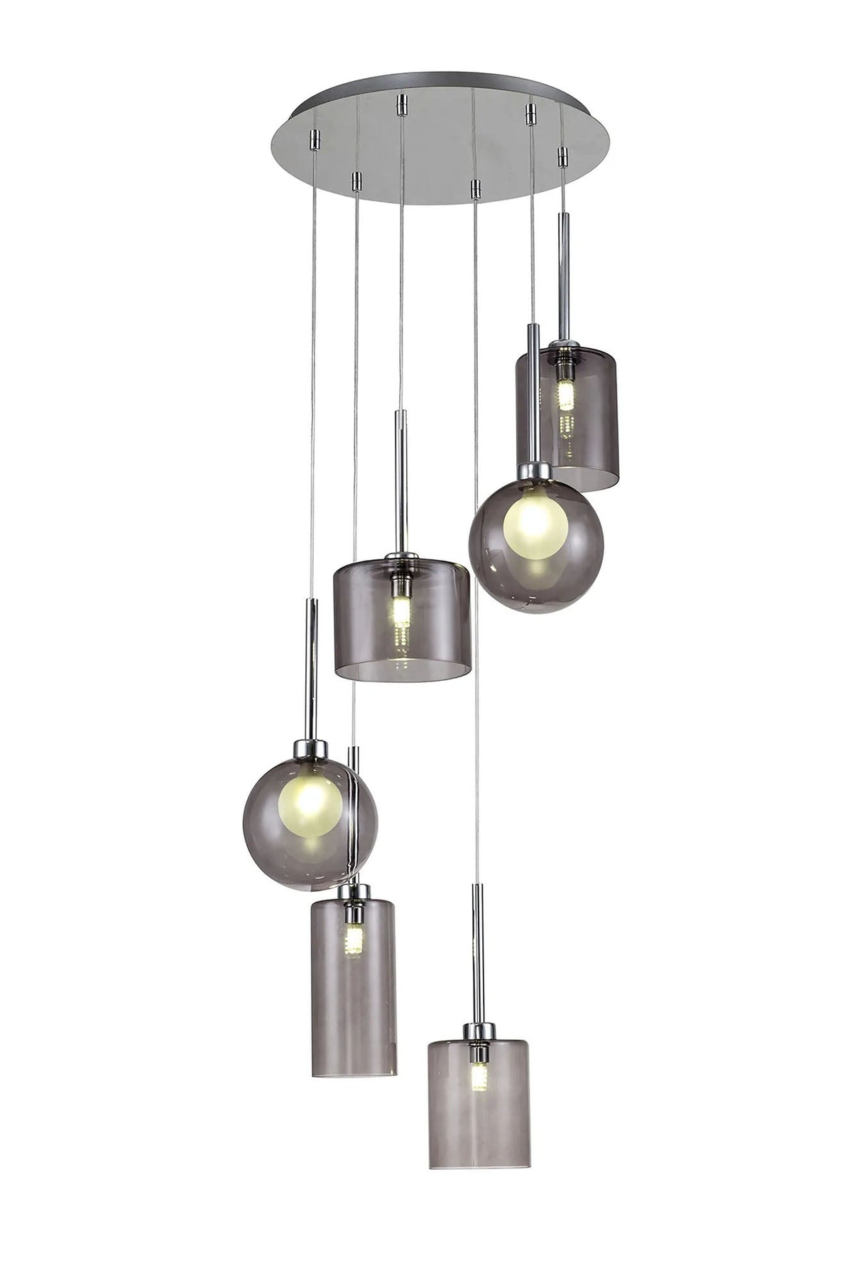 Lathen Round Pendant 2.5m, 6 x G9, Polished Chrome/Smoked/Frosted Type A,B,C,G Shade