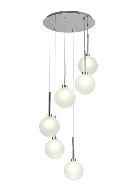 Lathen Round Pendant 2.5m, 6 x G9, Polished Chrome/Frosted Type G Shade
