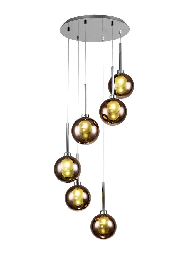 Lathen Round Pendant 2.5m, 6 x G9, Polished Chrome/Copper/Frosted Type G Shade